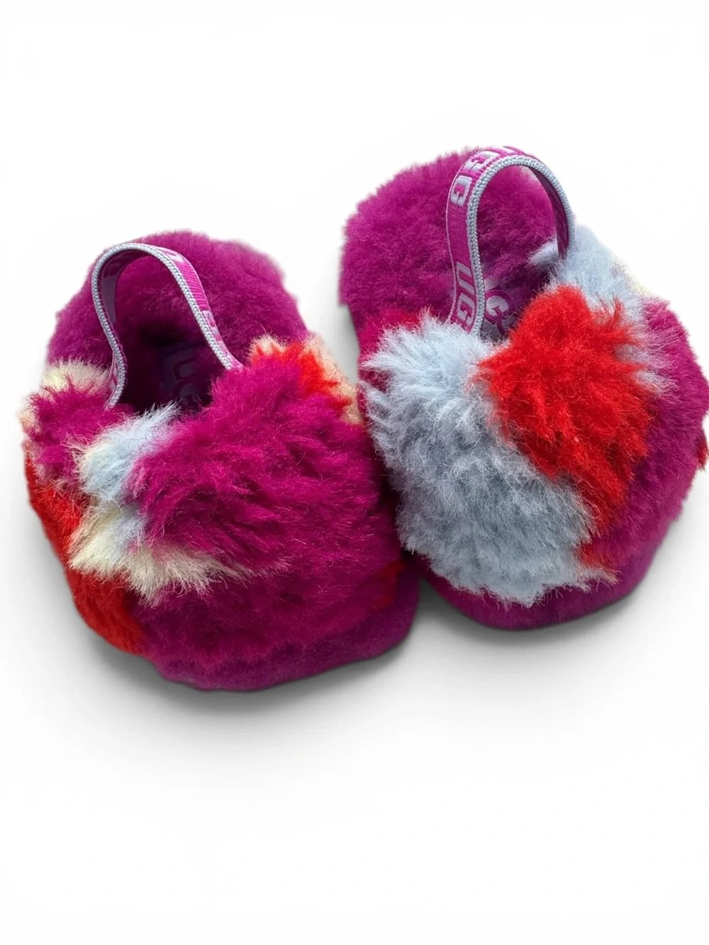 UGG Fluff Yeah Baby Girl Multi Color Fuzzy Slingback Slippers Newborn Rare EUC